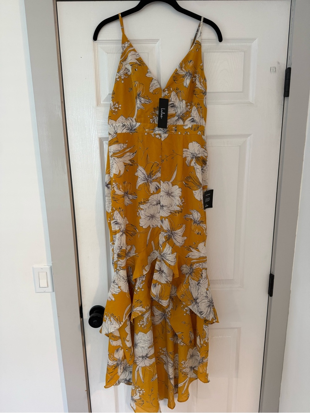 NWT Lulus Mustard Yellow Floral Ruffle Maxi Dress M